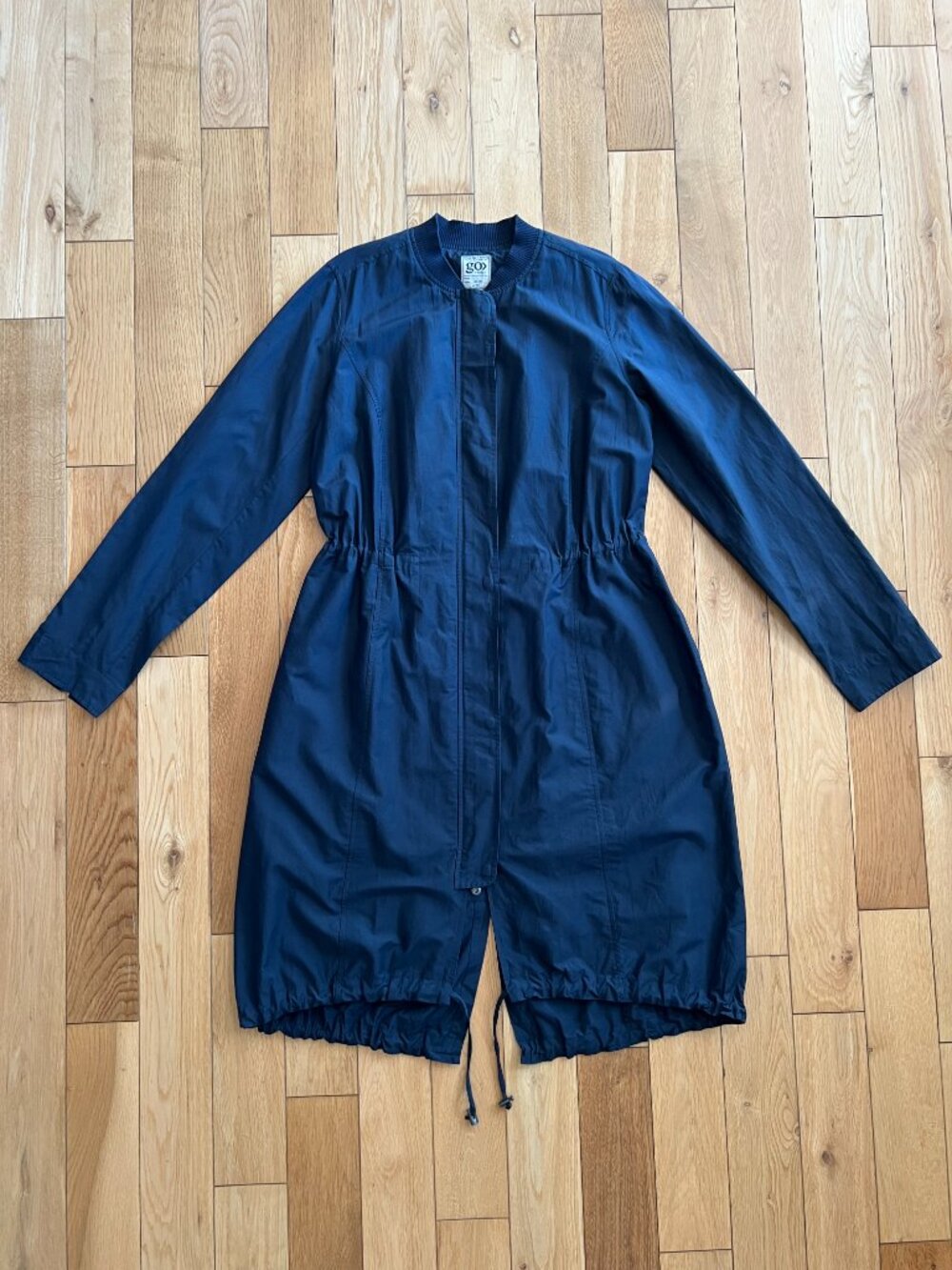 Go by Go Silk Anorak Jacket Duster Navy Blue Long Sleeve Zip Front Size Small‎